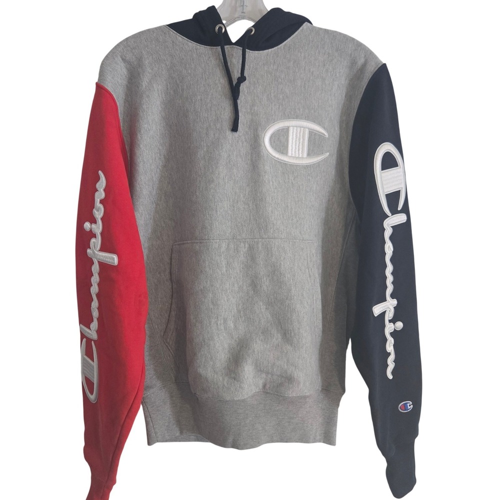 Champion Colorblock Hoodie‎ Men's Small Gray Red Navy Logo Streetwear Athleisure